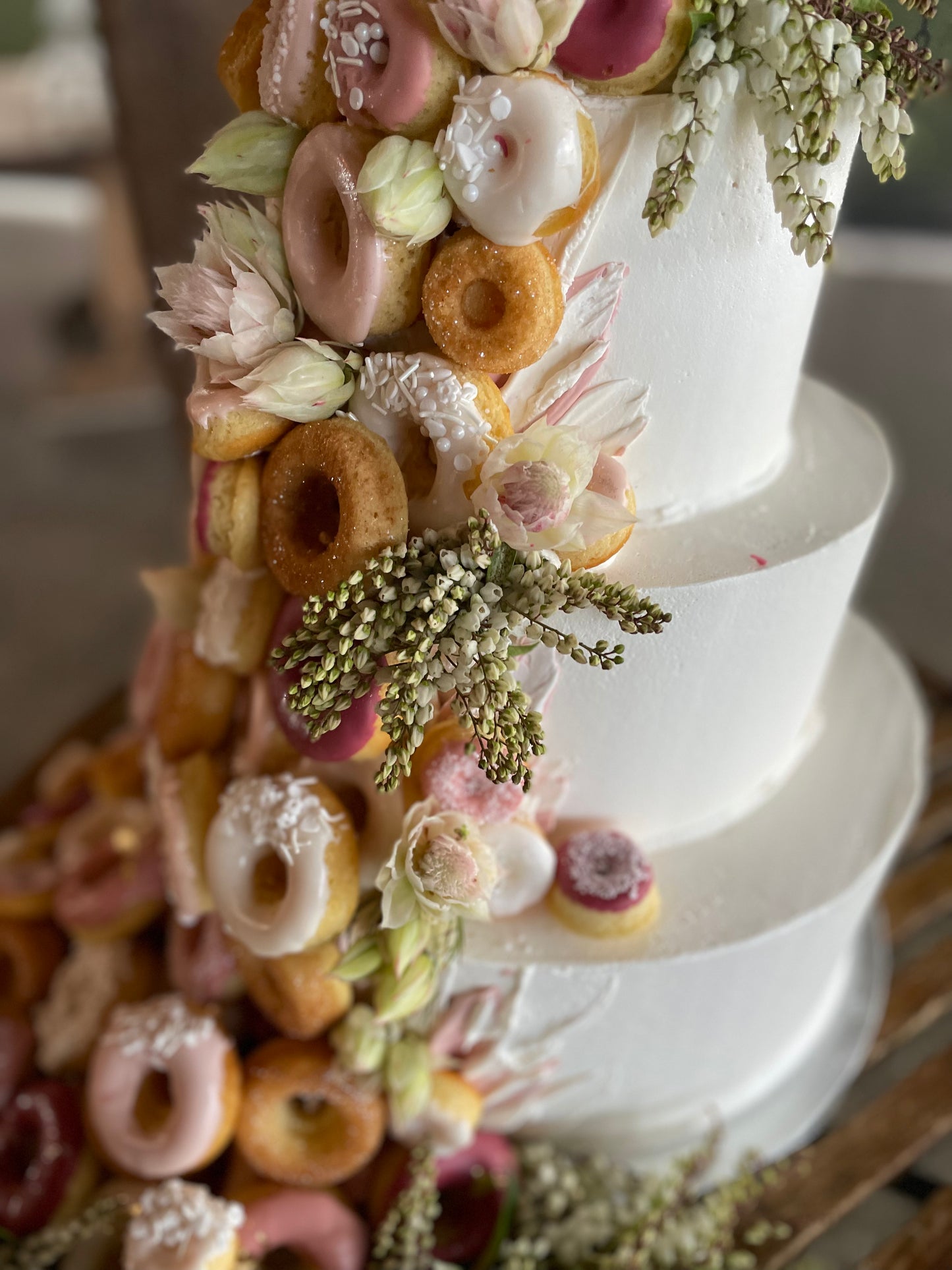 3 Tier Buttercream with Cascading Donuts