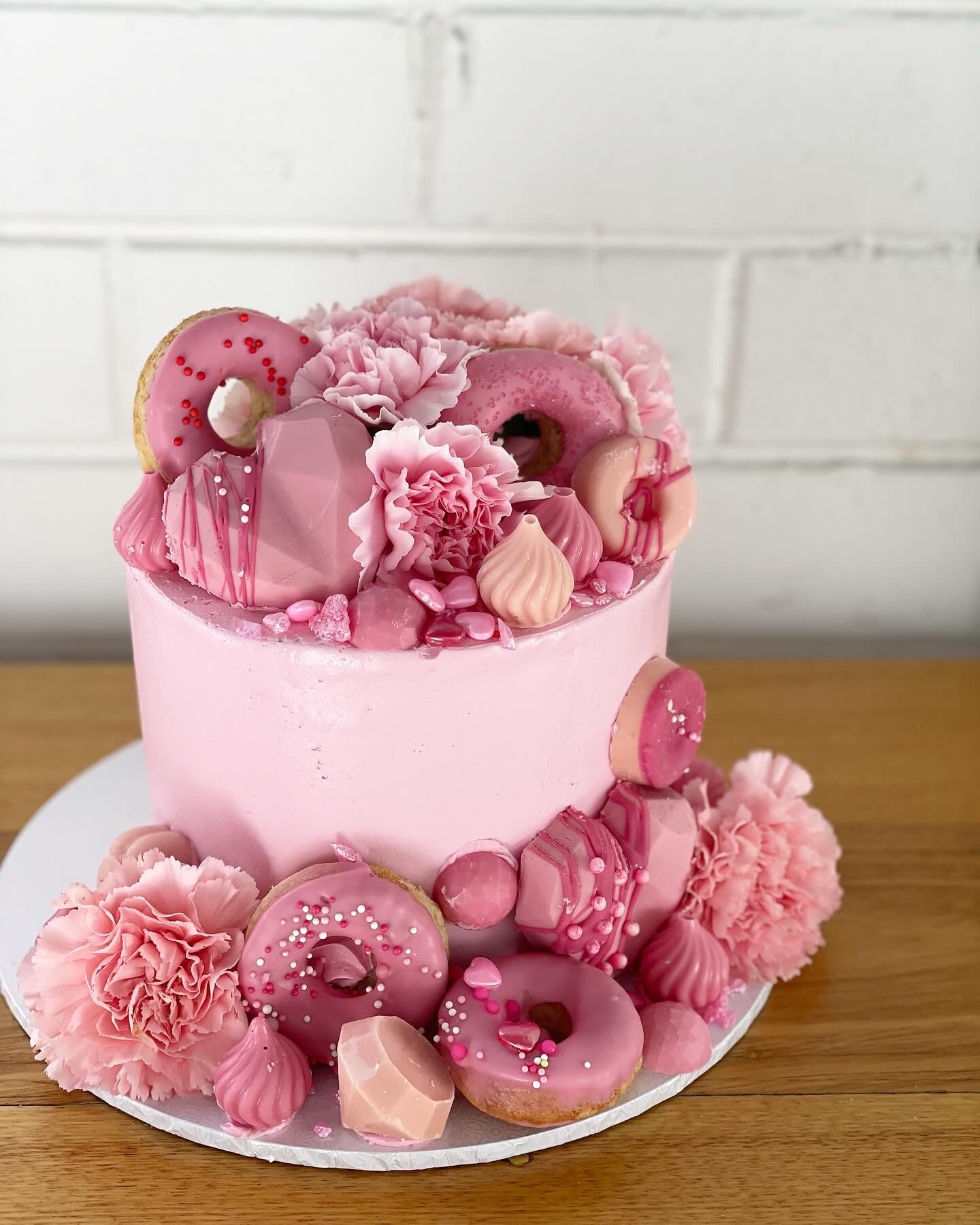 Pink Chocolate, Donuts & Flowers Cake