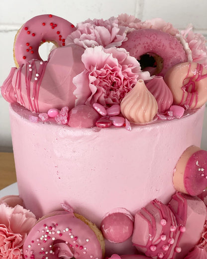 Pink Chocolate, Donuts & Flowers Cake
