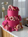 Pink Chocolate, Donuts & Flowers Cake