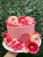 Pink Chocolate, Donuts & Flowers Cake