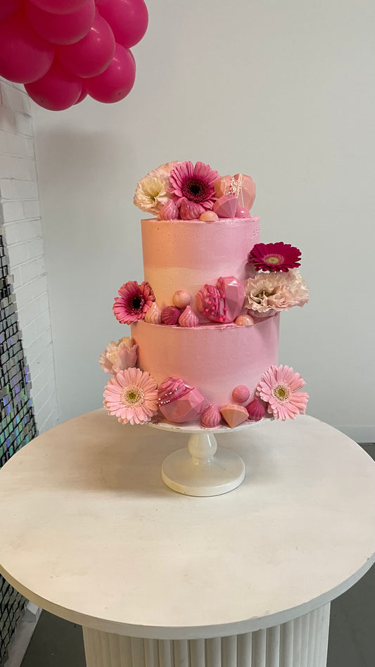 Pink Chocolate & Flowers Cake