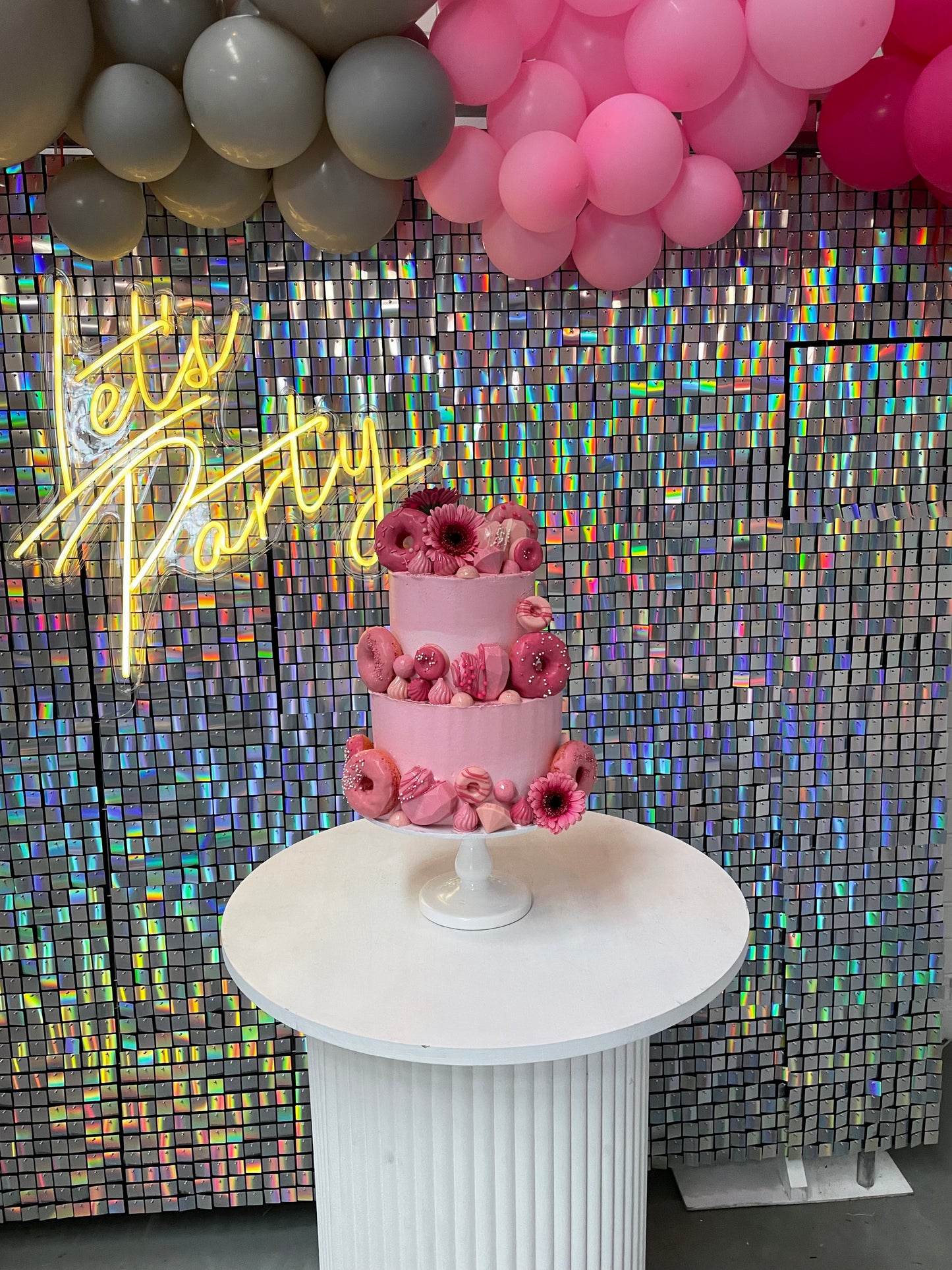 Pink Chocolate, Donuts & Flowers Cake