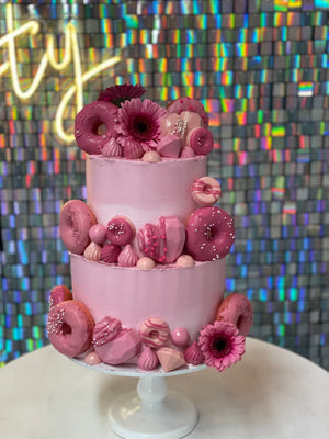 Pink Chocolate, Donuts & Flowers Cake