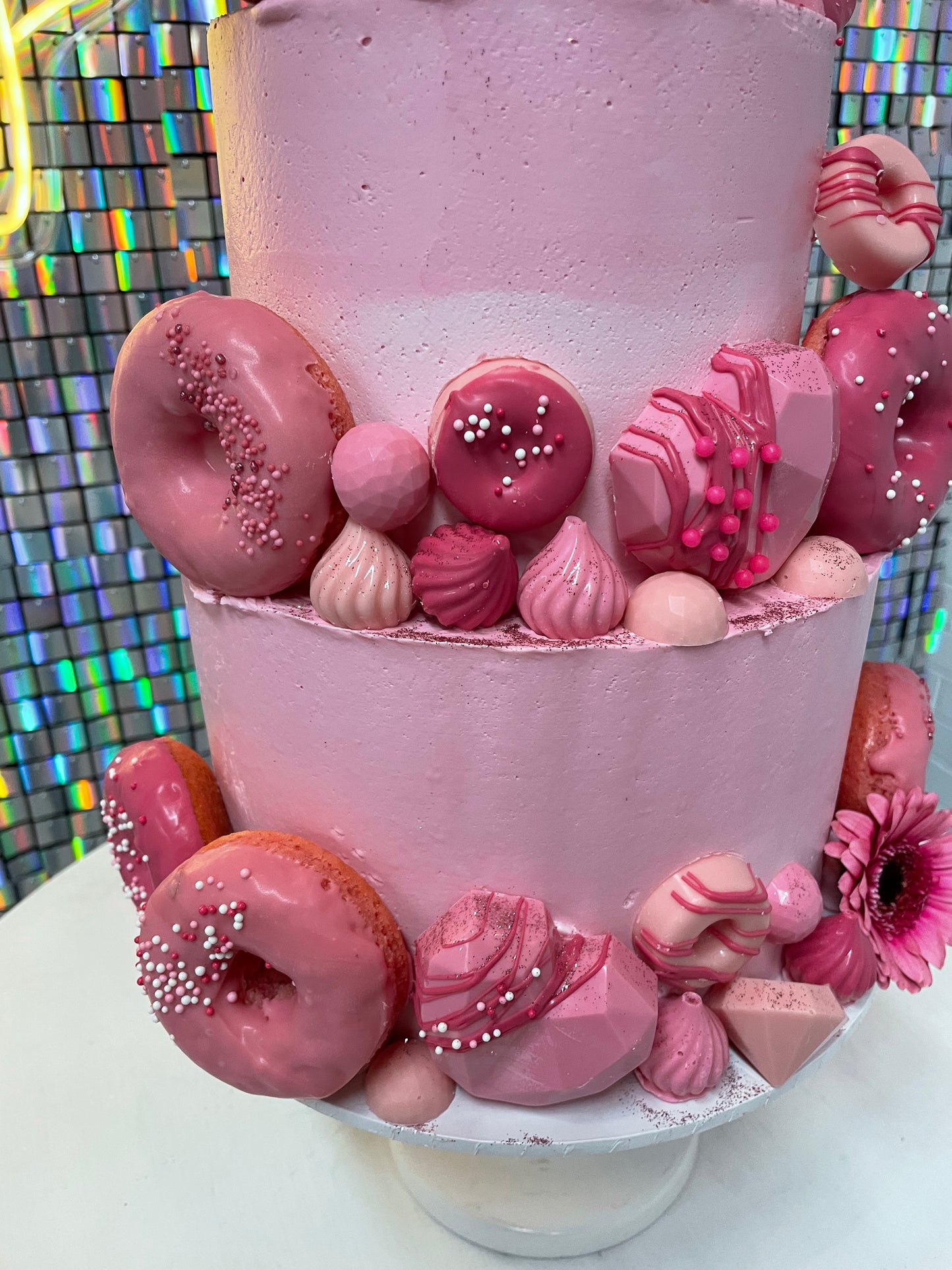 Pink Chocolate, Donuts & Flowers Cake
