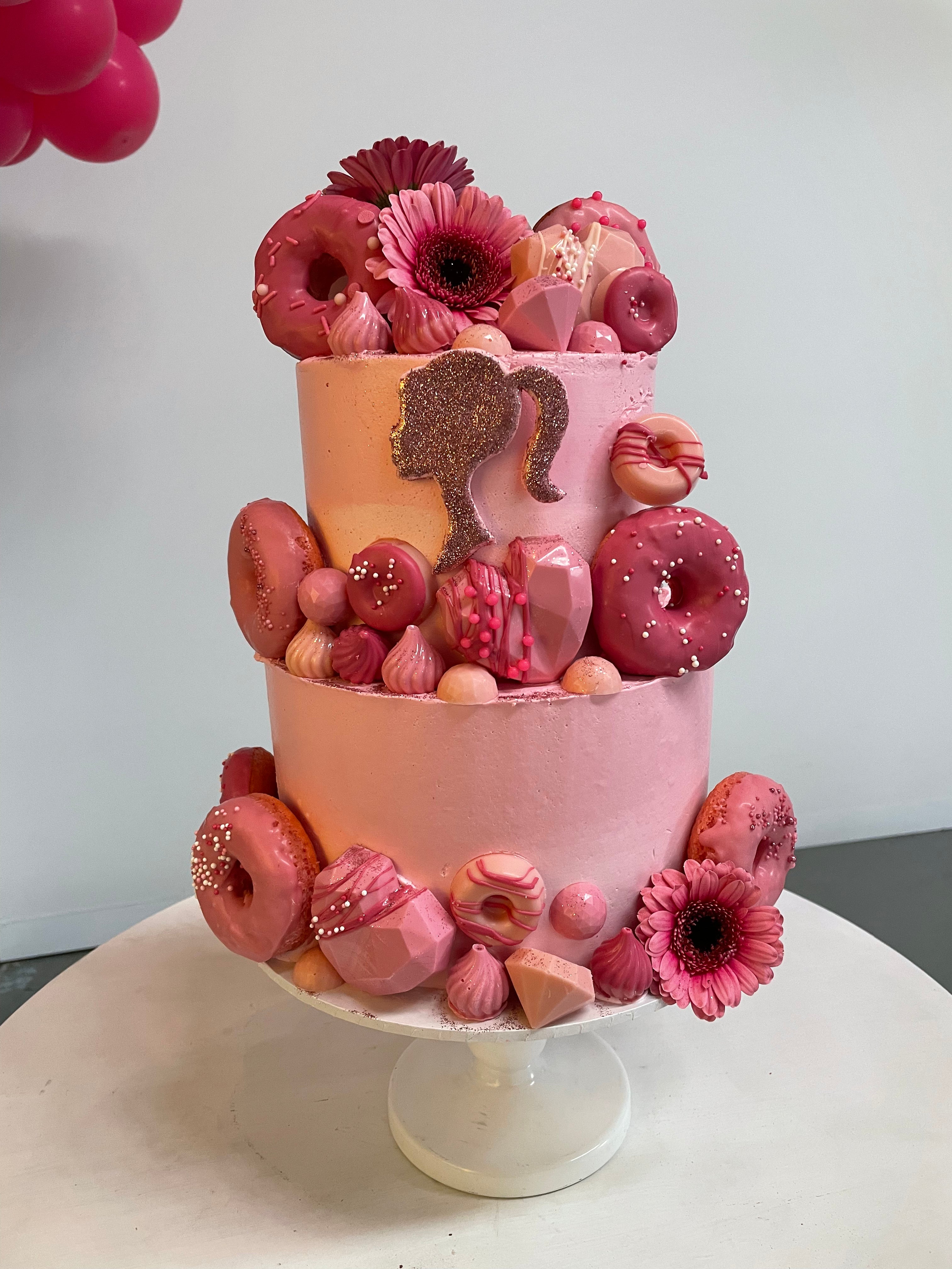 Pink Chocolate, Donuts & Flowers Cake