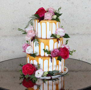 3 Tier Semi Naked, Caramel Drizzle and flowers