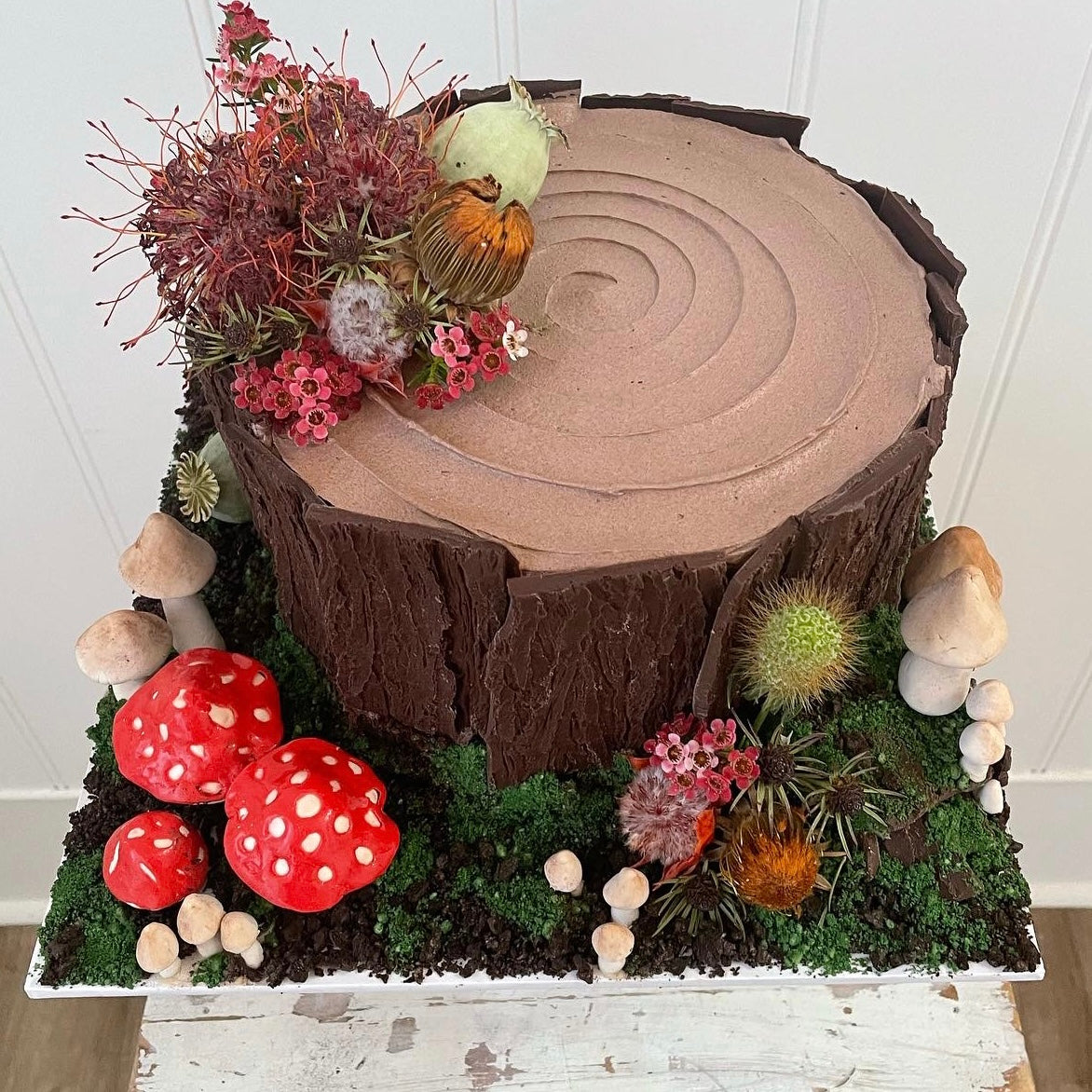 Tree stump cake I made for my grandpa's birthday, raspberry chocolate, he  loved it! : r/Baking